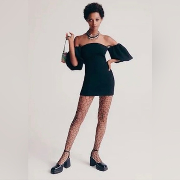 FP Beach Free‎ People Bubbly Puff Sleeve Ribbed Off Shoulder Mini Dress Black Sm - Picture 3 of 13